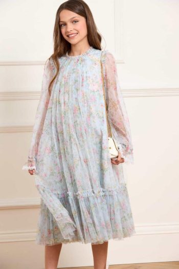 Needle & Thread Kids (3-12 Years) | Pompadour Garden Long Sleeve Kids Dress Blue